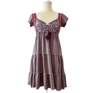 Free People Tiered Corset Dress S Mocha Grey Midi Embroidered Prairie Milkmaid